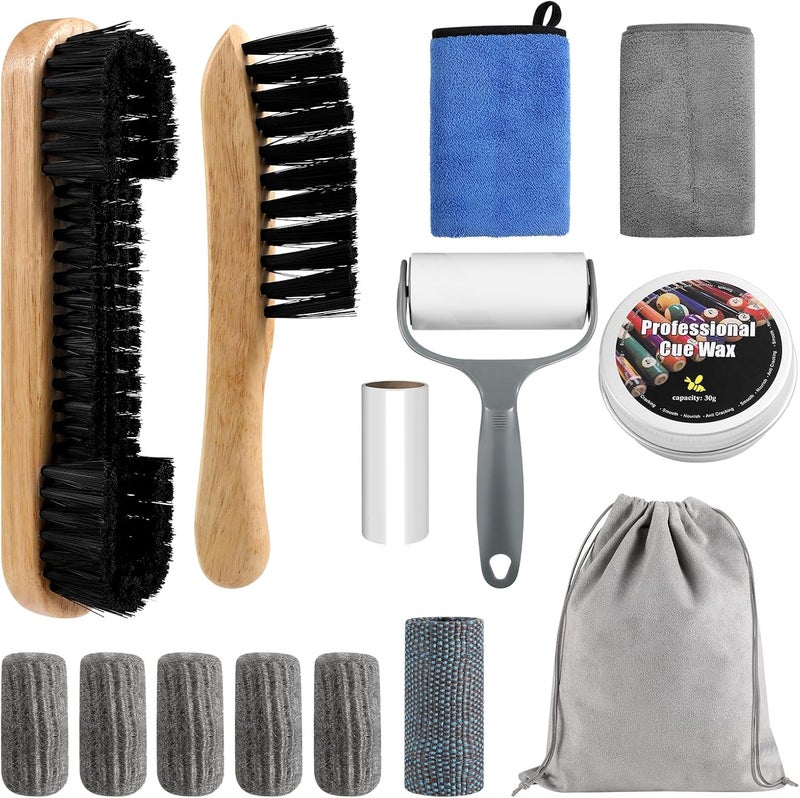 Winucue Pool Table Brush Set, 14pcs Billiard Table Felt and Cue Cleaning Accessories with 2 Wooden Brushes, Cue Cleaning Cloth, Ferrule Polish Cloth, Shaft Wax, Towel Burnisher and Sticky Lint Roller - Image 1